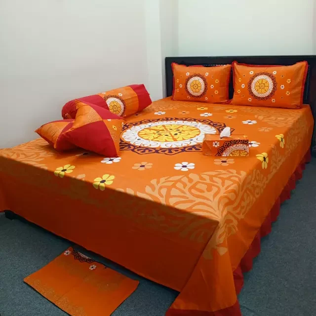 Orange Color 8 pcs King Size Bed Sheet Set