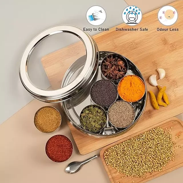 7 Portions Large Spices Box Stainless Steel with Cover