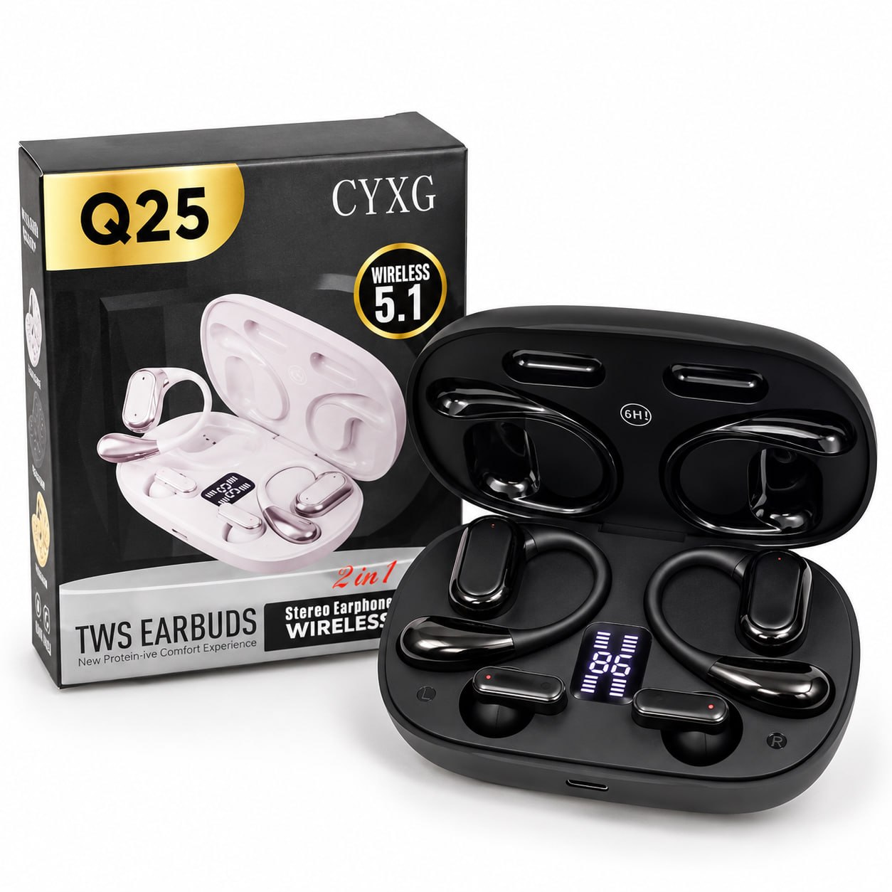 Q25 2-in-1 Couple Soft Ear Hooks TWS Wireless Earbuds – LED Digital Display
