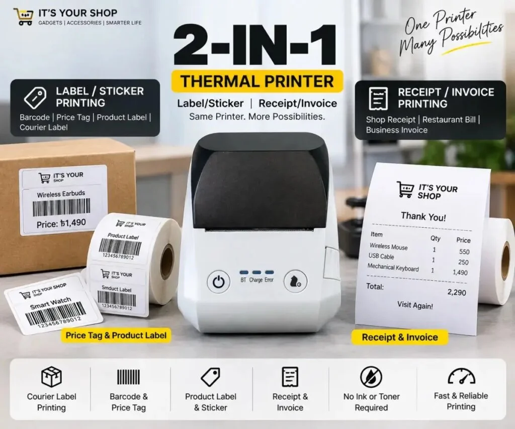 2-in-1 Thermal Printer (Label / Sticker & Receipt / Invoice Printer) - White or Paste