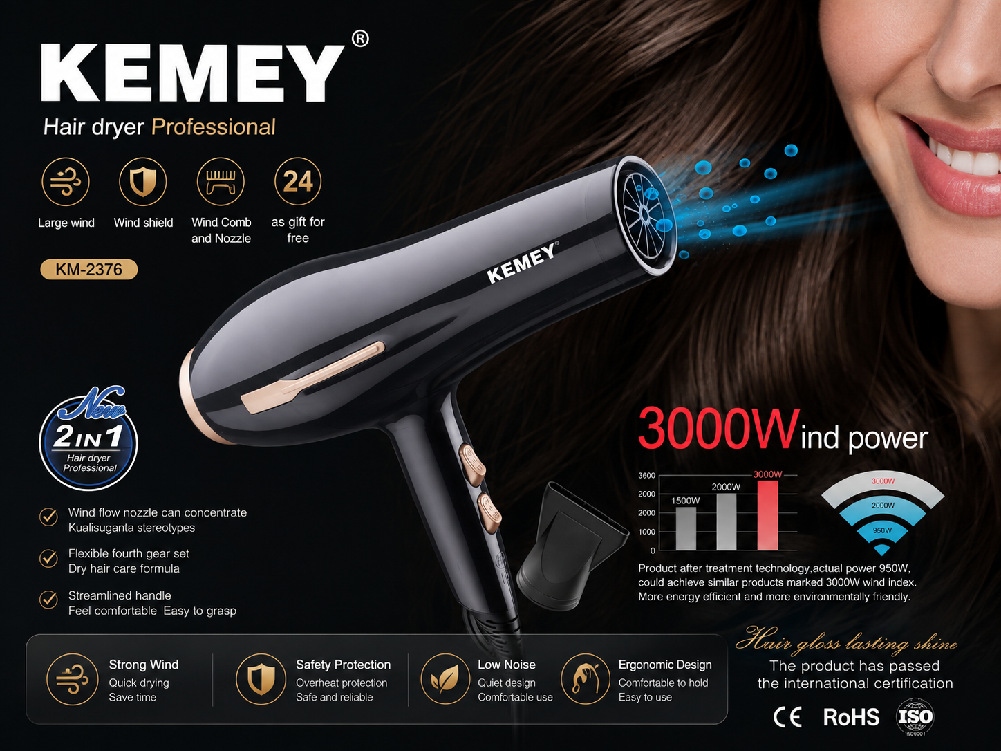 KEMEY KM-2376 Professional Hair Dryer – 3000W
