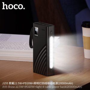 Hoco J155 Shine 20000mAh 22.5W & PD 20W Fast Charging Power Bank – 4 Built-in Cables (Type-C, Lightning, Micro, USB-A), 6 Outputs, Built-in LED Emergency Light & Digital Display